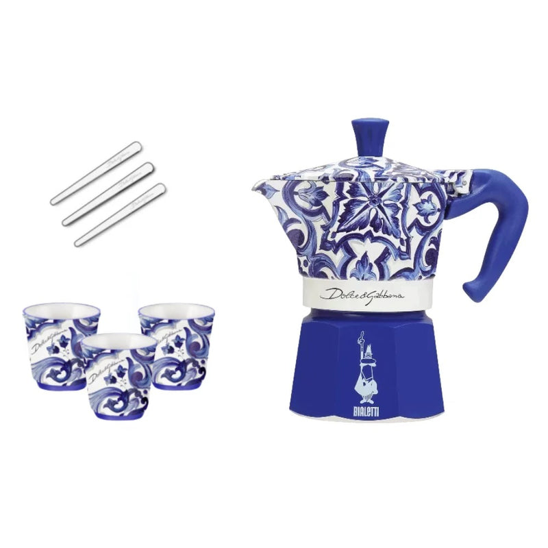 BIALETI D&G SET MOKA 3 CUP+CUPS GIFT BLUE-WHITE