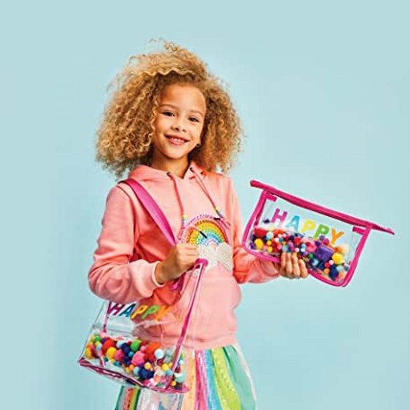 BOLSO HAPPY DE MANO CON POMPONES-TRANSPARENTE
