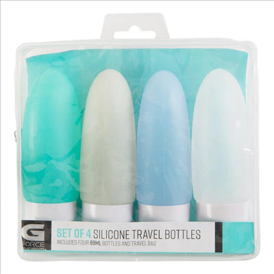 JUEGO DE 4 BOTELLAS DE VIAJE DE SILICONA DE 89 ML CON CREMALLERA EVA Y COLGADOR