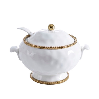 PAMPA BAY OLLA PORCELANA BLANCA CON ASAS Y CUCHARÓN, DETALLES EN DORADO PAMPA BAY OLLA PORCELANA BLANCA CON ASAS Y CUCHARÓN, DETALLES EN DORADO