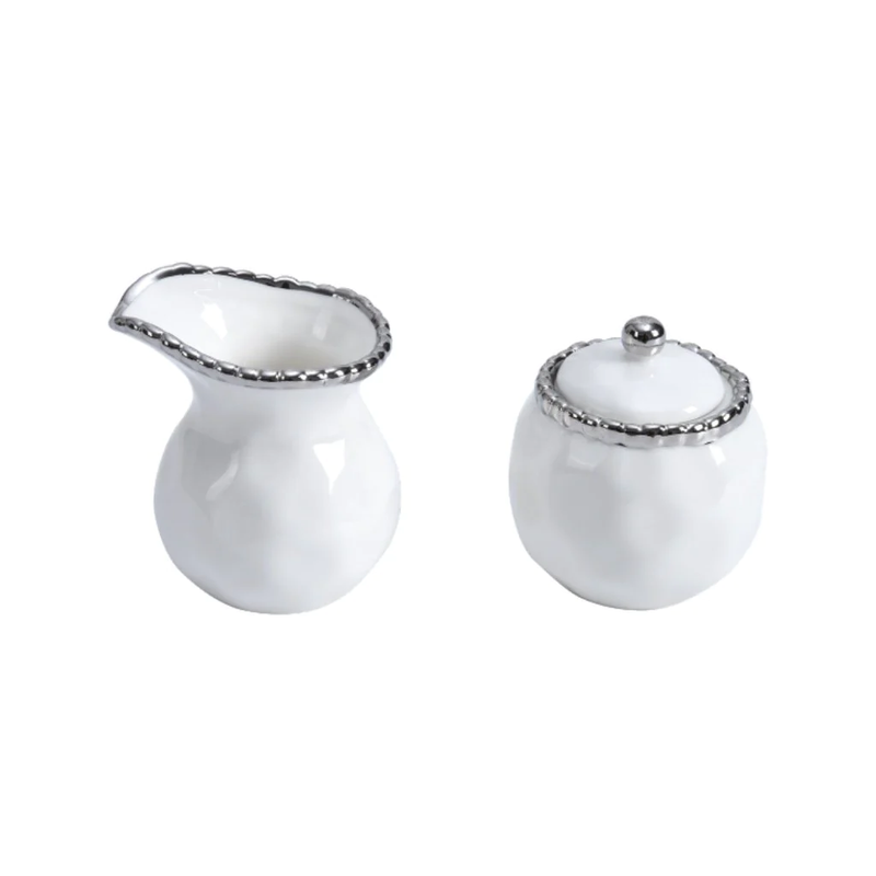 SET PEQUEÑO DE DISPENSADOR PARA AZÚCAR Y CREMA - BLANCO/PLATA