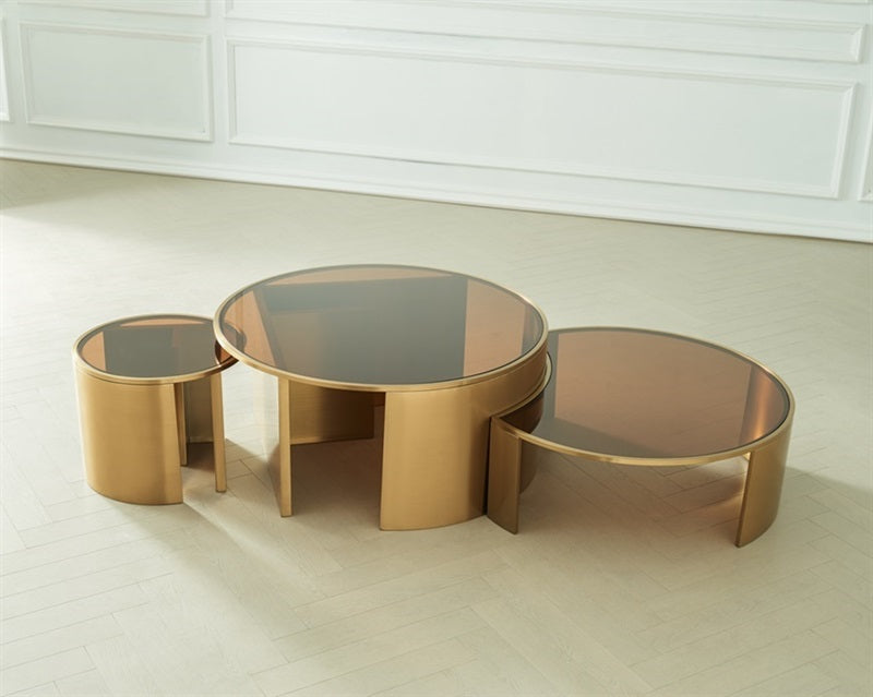Mesa S-M-L acero inoxidable top:tea glass base:brass     Ã¸100*45cm / 95*83.4*32cm / Ã¸50*40