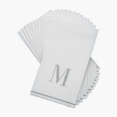 SET DE 14 SERVILLETAS DE PAPEL PARA INVITADOS LETRA M - BLANCAS Y PLATEADO