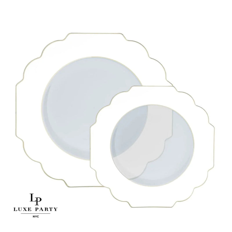 PLATOS DE POSTRE PARA ENSALADA BLANCA DE 8.5" CON BORDE DORADO Y BASE TRANSPARENTE 10UND