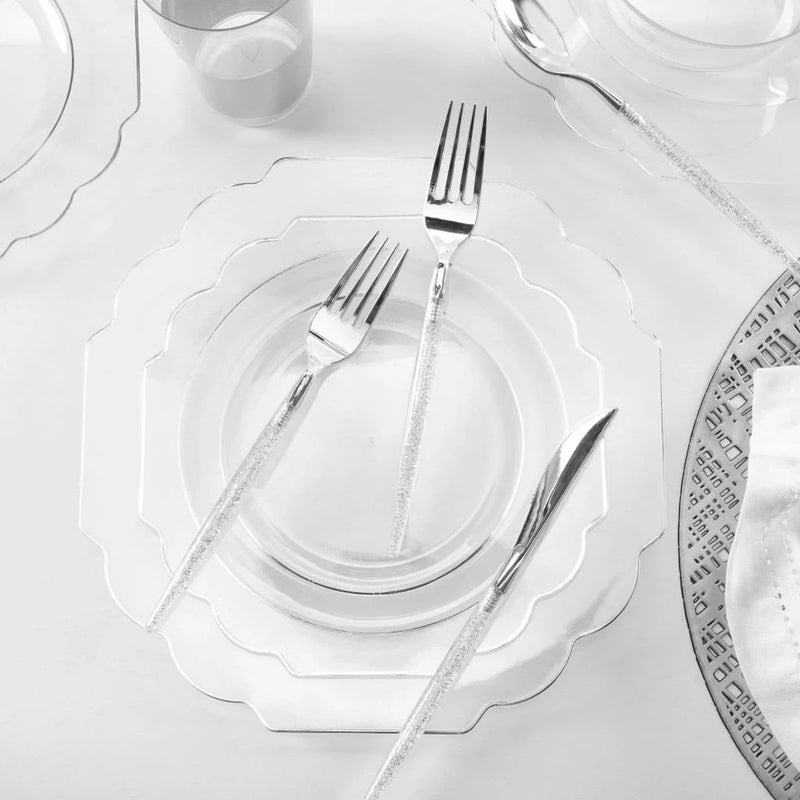 SET DE 10 PLATOS DE ENSALADA / POSTRE FLORALES TRANSPARENTES 8,5 - PLATEADO