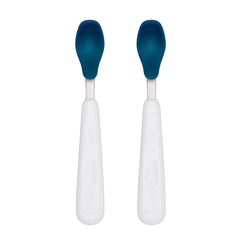 Juego de cucharas de alimentación con silicona suave, color azul marino.