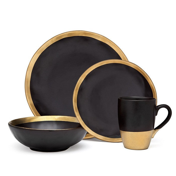 SET 4 PIEZAS PLATOS NEGROS DE PORCELANA CON BORDE DORADO