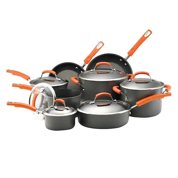 BATERIA DE COCINA RACHAEL RAY DE 14 PIEZAS MANGOS NARANJAS-GRIS/NARANJA