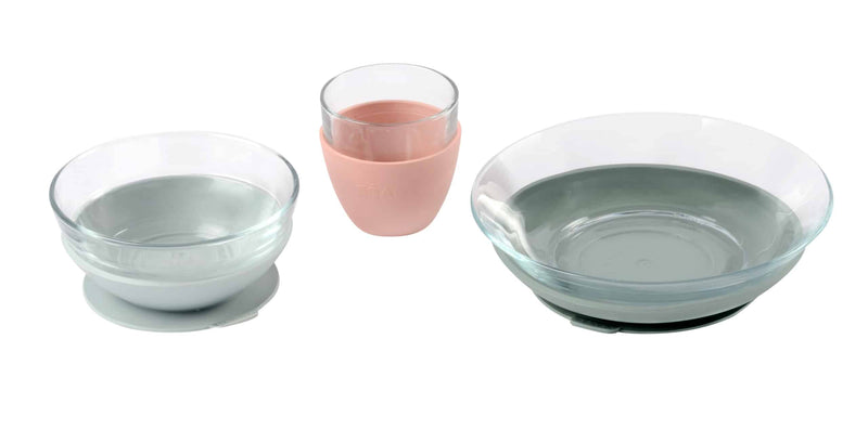 SET DE PLATOS Y VASO CON PROTECCION DE SILICONE (3 PIEZAS)