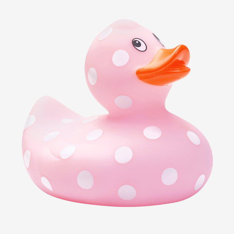 PATITO DE GOMA ROSADO CON LUNARES, PARA BANERA.